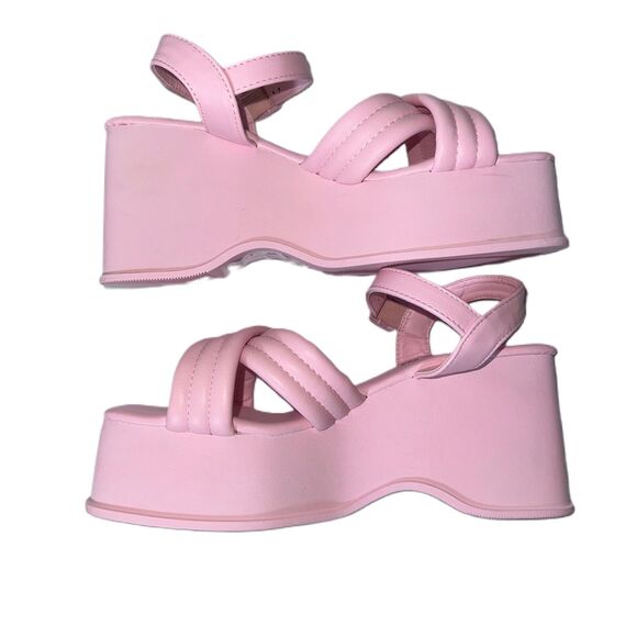 NEW 7 Pink‎ Strappy Ankle Strap Platform Wedge Sandals Open Toe Square Vegan - Picture 1 of 6